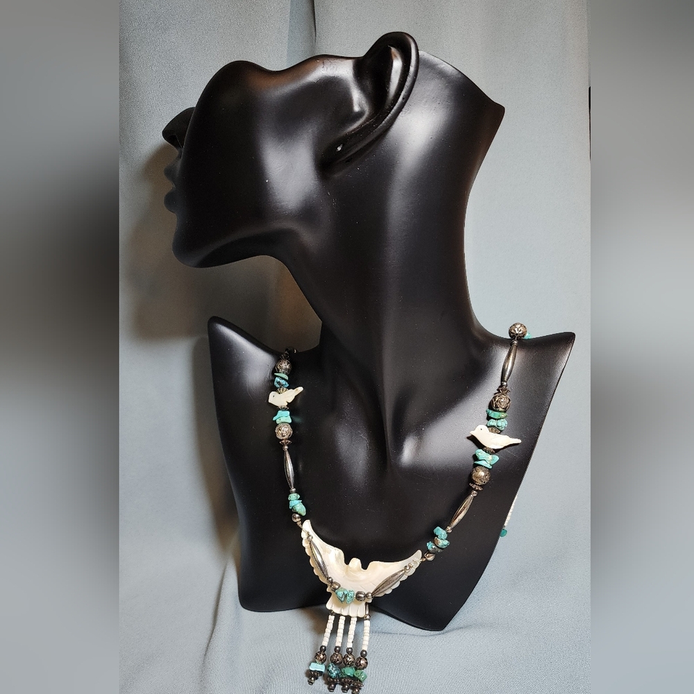 Vintage Turquoise & Shell Necklace with Carved Eagle and Bird Beads